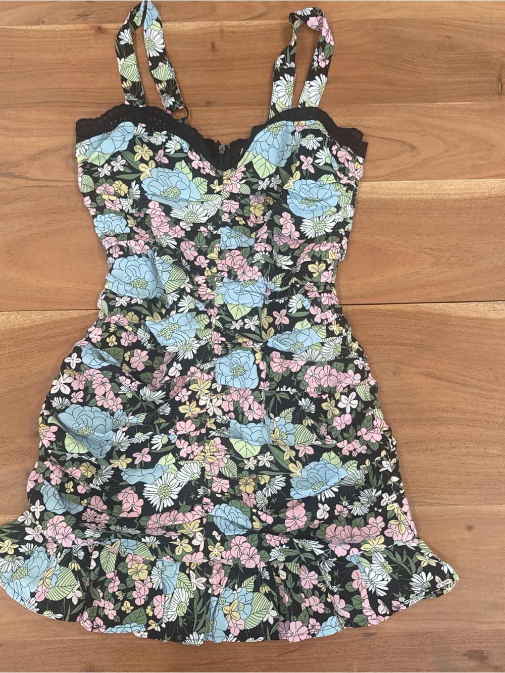 Hello Molly Black Floral Mini Dress with Blue, Pink & Green Flowers